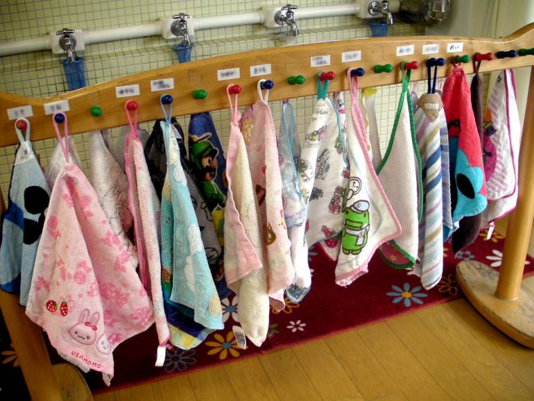 Hand towels hung up at a Japanese kindergarten.