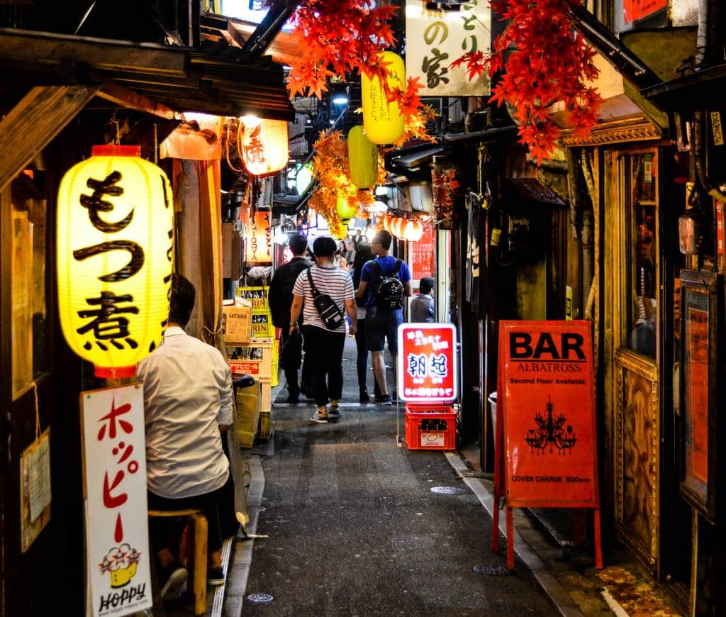 Lanterns line a narrow yokocho alley full of small bars. Grabbing a drink here is one of the best thing to do in Tokyo.