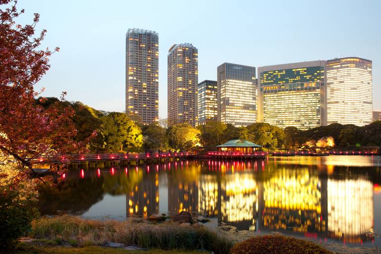 Evening lights at Hamarikyu Gardens