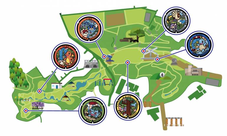 Map of green park with arrows to manhole covers