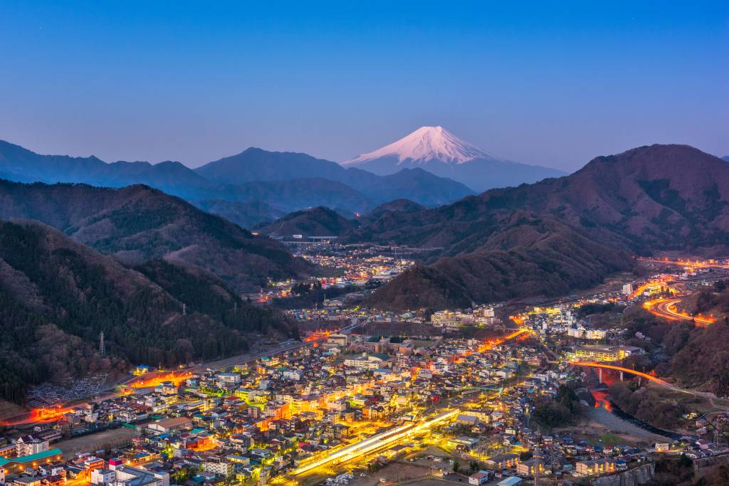 Otsuki, Japan Skyline with Mt. Fuji.