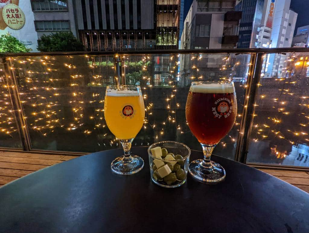 Beer glasses on table, Japan summer