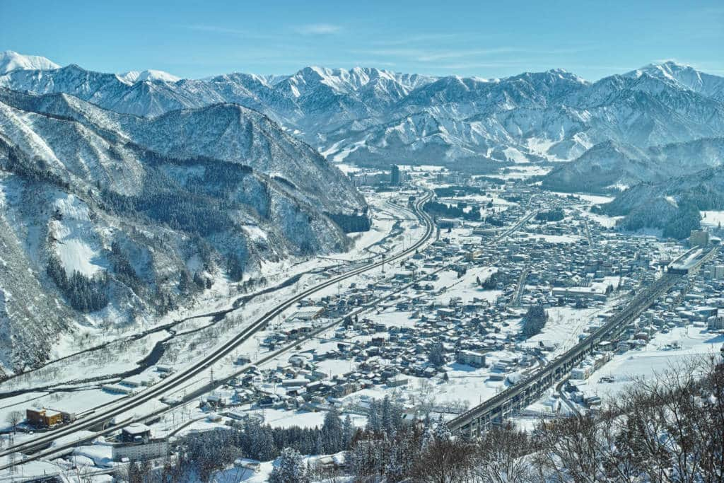 Snow mountains and town in Echigo Yuzawa.